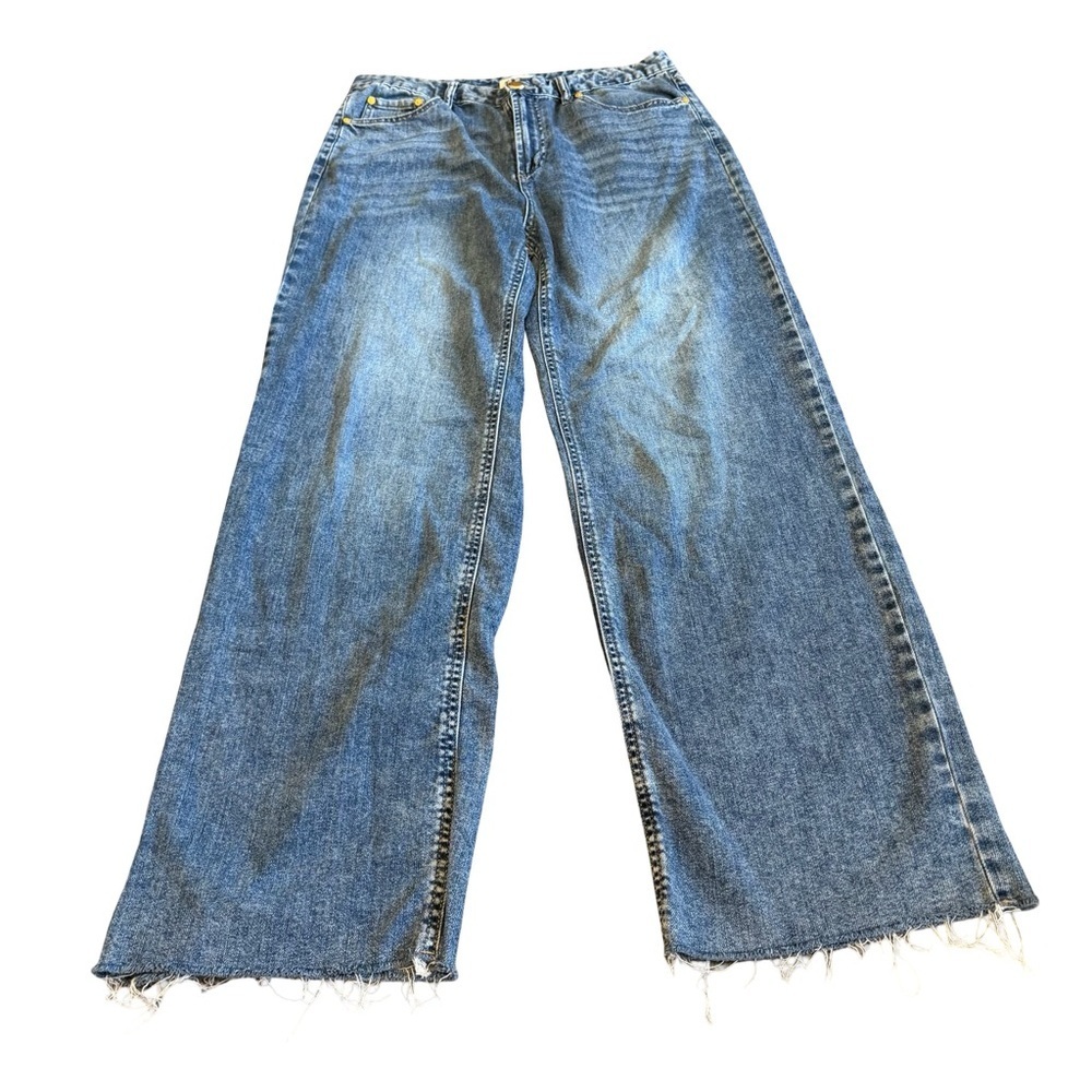 Oat New York Cloud Luxe Denim Wide Leg Jeans Distressed Hem Stretch Size 10/31
